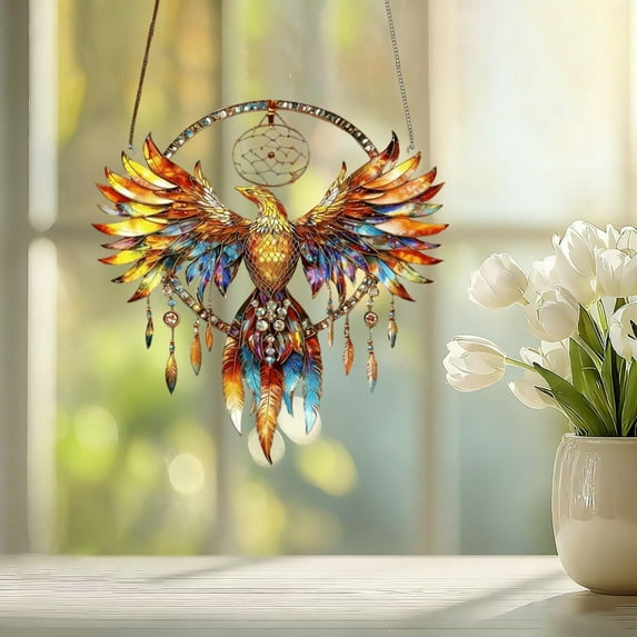 Seyotauo Phoenix Ornaments Decor - Acrylic Colorful Suncatcher Hanging Ornament - Home Window Car Decoration Flat Pendant- Gifts for Phoenix Lovers - Phoenix Window Home Kitchen Wall Decor