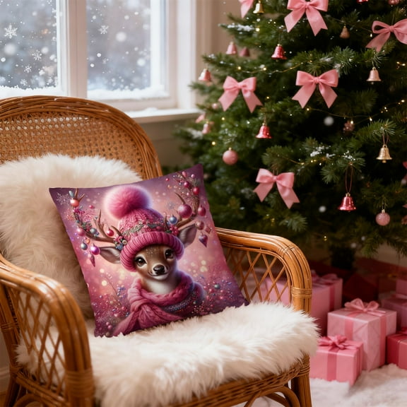 Seyotauo Pink Christmas Pillow Covers 18x18 Inch Cute Colorful Xmas Tree Deer Bow Pattern Throw Pillowcases Winter Holiday Outdoor Seasonal Farmhouse Cushion Cases Decor for Sofa Couch Bed