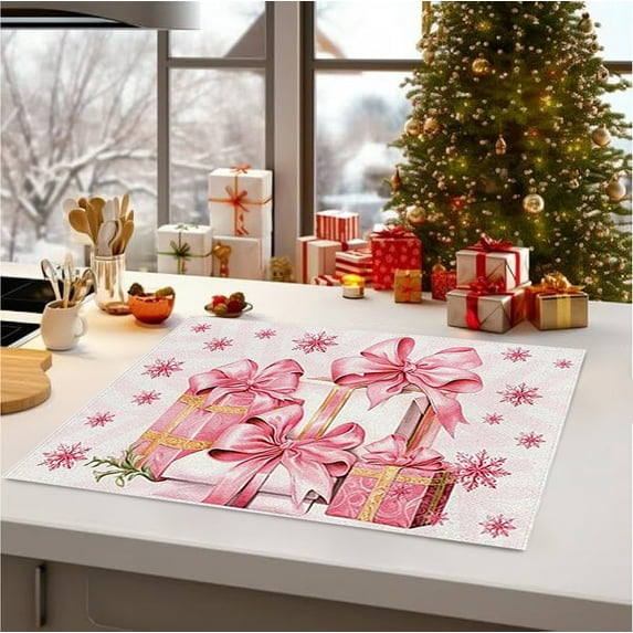 Seyotauo Pink Christmas Placemats Pink Xmas Trees Snowman Merry Christmas Placemats Washable Winter Table Mats for Farmhouse Kitchen Dining Xmas Holiday Party Decoration 12 x 20 Inch
