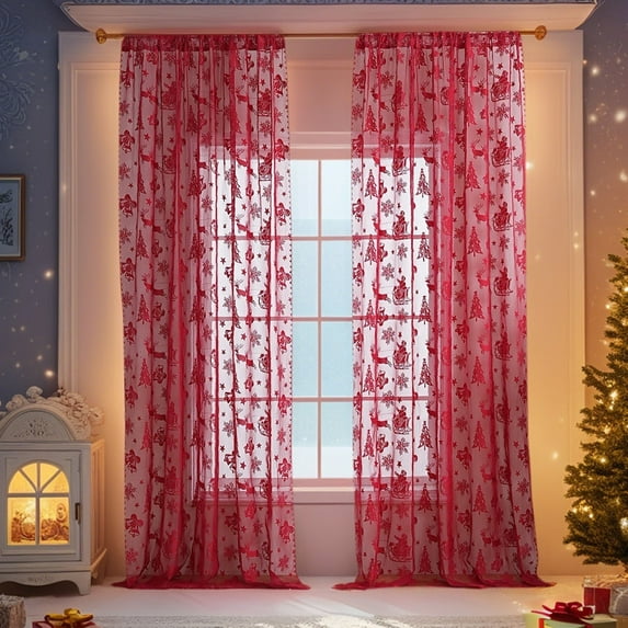 Seyotauo Red Lace Curtains Christmas Curtains for Living Room Bedroom Christmas Tree Santa Snowflake Embroidery Decor Drapes Rod Pocket Light Filtering French Window Curtain 2 Panels Set, 39x55 inch