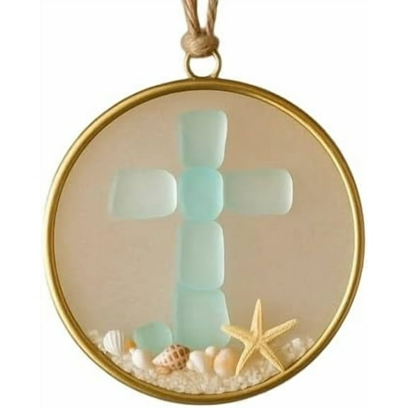 Seyotauo Sea Glass Christmas Ornament, White Beach Golden Round Frame with Natural Shells, Coastal Décor for Home, Beach Scene Hanging Ornament for Christmas Tree Gift Display