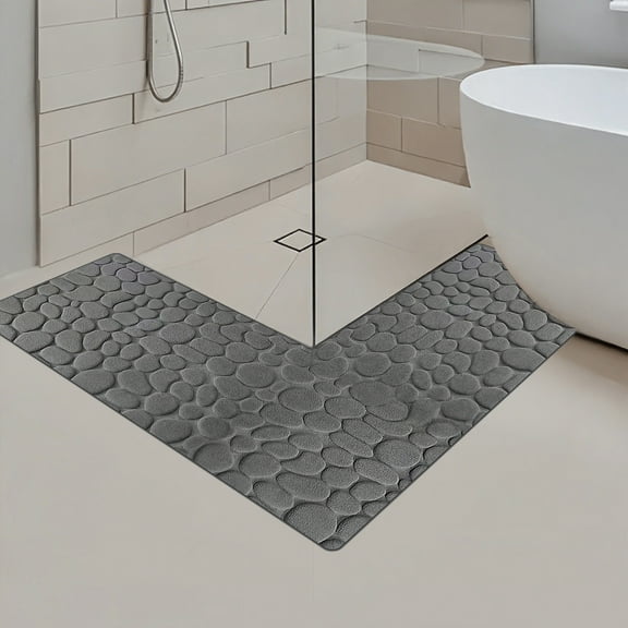 Seyotauo Shaggy Bathroom Rug, L-Shaped Dark Grey Bath Mat, Non Slip Corner Shower Mat, Water Absorbent Soft Bath Rug, Fluffy Washable Rug Carpet for Square Shower, Tub, Bath Room