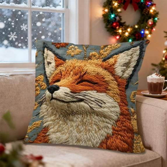 Seyotauo Short Lint Christmas Throw Pillowcase 18x18 Inch Multicolor Cute Embroidery Fox Pattern, Decorative Pillow Cover for Sofa Bedroom Living Room, Christmas Decor Indoor & Home Decor