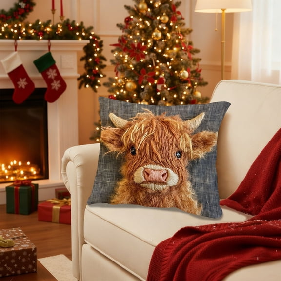 Seyotauo Short Lint Christmas Throw Pillowcase 18x18 Inch Multicolor Cute Embroidery Highland cow Pattern, Decorative Pillow Cover for Sofa Bedroom Living Room, Christmas Decor Indoor & Holiday Decor