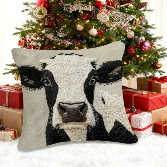 Seyotauo Short Lint Christmas Throw Pillowcase 18x18 Inch Multicolor Cute Embroidery cow Pattern, Decorative Pillow Cover for Sofa Bedroom Living Room, Christmas Decor Indoor & Home Decor