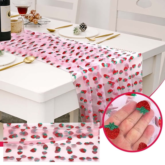 Seyotauo Strawberry Table Runner Gauze Glitter Sheer Tablecloth for Wedding Party Spring Summer Decorative Table Topper Floating Table Decor for Strawberry Birthday Engagement Anniversary
