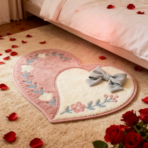 Seyotauo Valentines Day Floor Mat Heart Shaped Non Slip Absorbent Kitchen Rug Polyester Washable for Doorway Bathroom Home Decor