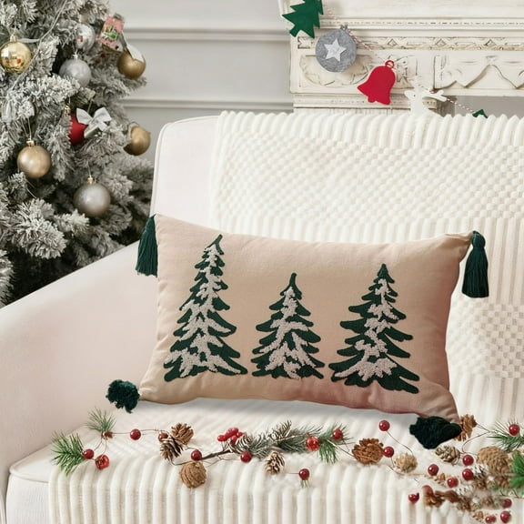 Seyotauo White Christmas Pillow Covers Embroidery Green Xmas Trees Decorative Lumbar Throw Pillow Cover Winter Holiday Pillow Case Cushion Cases for Sofa Couch Living Room Decorations