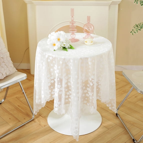 Seyotauo White Lace Tablecloth Embroidered Elegant Floral Patterns Table Cloth Round Overlay Table Cover for Wedding Party Holiday Long Dinner Home Decor