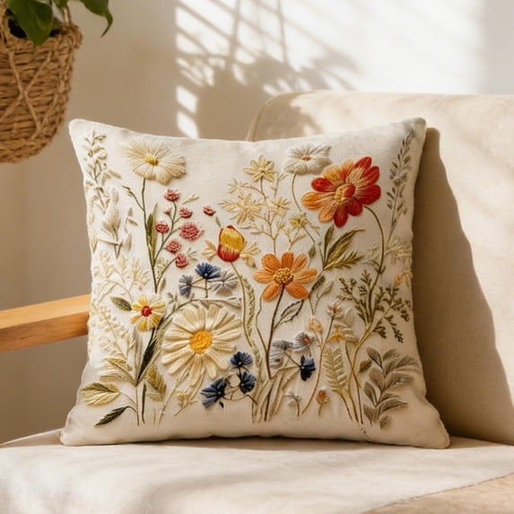 Seyotauo Wildflower Faux Embroidery Print 18x18 Inch Throw Pillow Cover Boho Embroidered Floral Decorative Soft Cushion Case Spring Summer Fall Christmas Home Decor Gift Sofa Luxury Flower Pillowcase