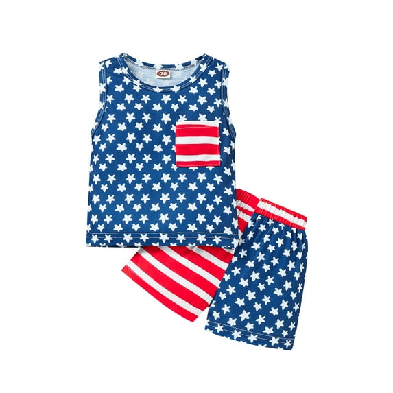 Seyurigaoka 2 Pcs Baby Boys/Girls Independence Day Outfits, Stars Print Horizontal Stripes Sleeveless O-Neck Vest + Elastic Waist Short Pants
