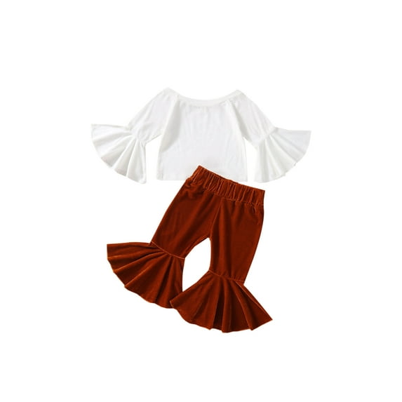 Seyurigaoka 2 Pcs Baby Girl Pants Outfit Set Off Shoulder Solid Color Tops Long Flared Sleeve T-Shirt Elastic Waist Bell-Bottoms Pants for 6M-3Y Kids