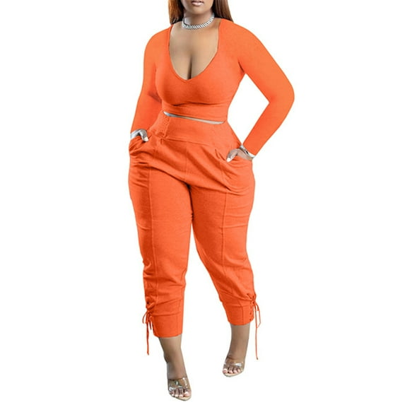 Seyurigaoka 2 Pcs Women's Spring Autumn Outfit Sets Solid Color Long Sleeve Crop Tops + High Waist Sport Pants Sports Streetwear