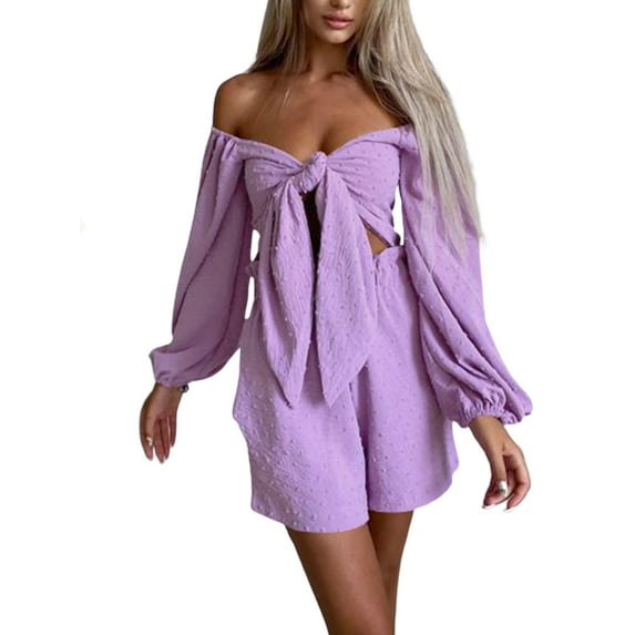 Seyurigaoka 2 Piece Summer Outfits for Women Sexy Tie Front Puff Sleeve Crop Top and Shorts Set Beach Outfit Separates