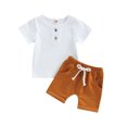 thumbnail image 1 of Seyurigaoka 2 Pieces Infant Baby Boys Summer Outfits, Solid Color Round Neck Short Sleeve T-Shirts Tops + Elastic Waist Shorts Set, 1 of 8