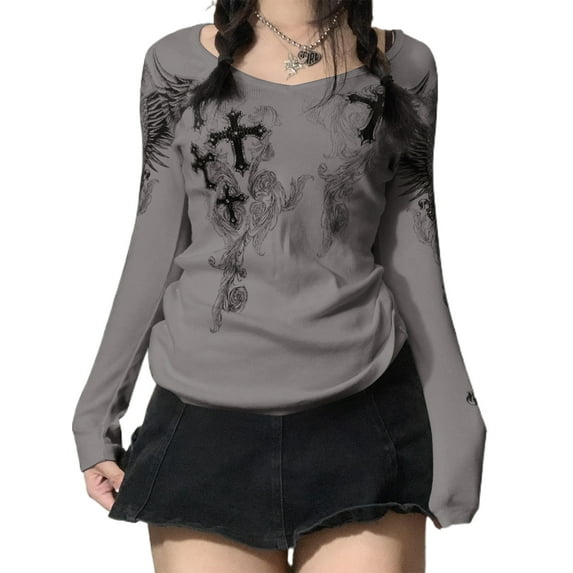 Seyurigaoka 2000s Aesthetic T-Shirt Graphic Cross Wings Print Long Sleeve Tops Women Vintage Clothes Fairycore Grunge Tees Streetwear