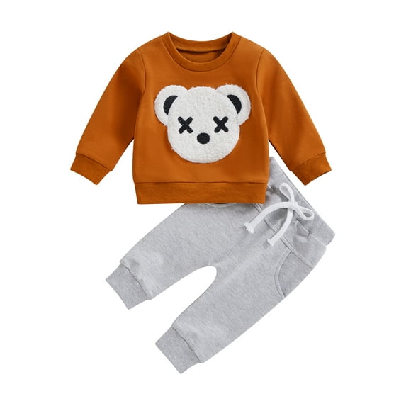 Seyurigaoka 2Pcs Baby Boys Girls Fall Clothes Suits Bear Embroidery Crew Neck Long Sleeve Sweatshirts Tops and Solid Color Long Pants Set