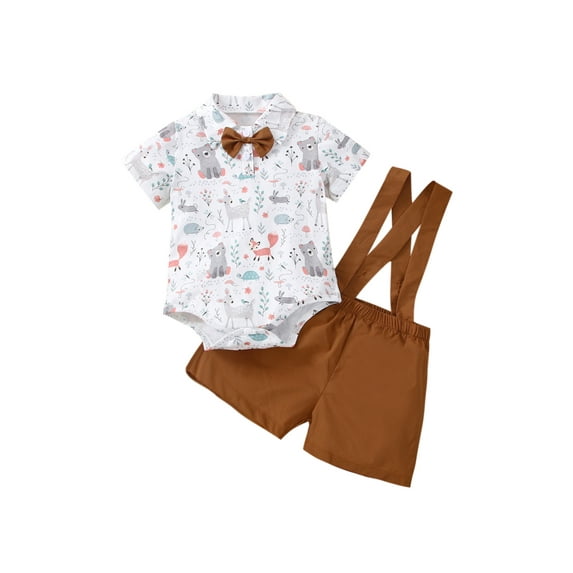Seyurigaoka 2Pcs Baby Boys Summer Gentleman Outfit, Cartoon Animal Print Short Sleeve Jumpsuit + Suspender Shorts Set
