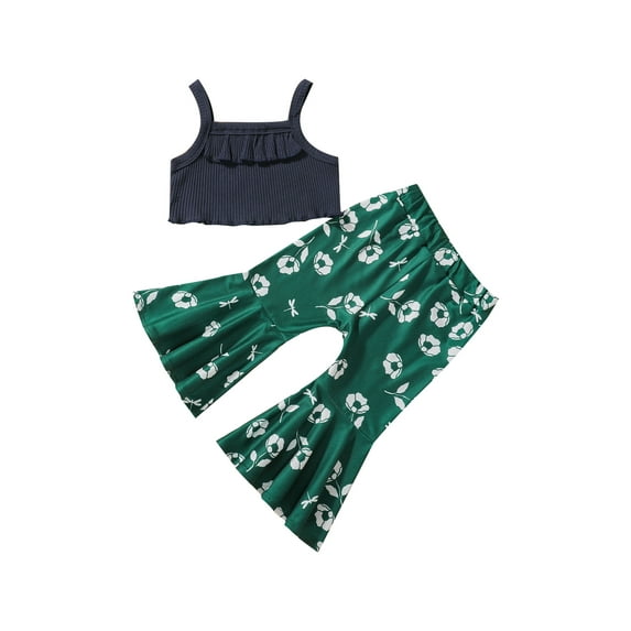 Seyurigaoka 2Pcs Kids Toddler Baby Girls Clothes Outfits, Spaghetti Strap Sleeveless Solid Color Vest + Flower Printed Pants