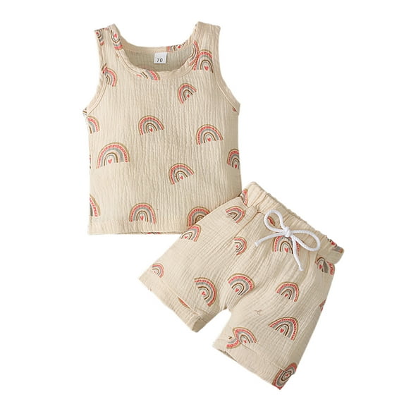 Seyurigaoka 2Pcs Lovely Baby Summer Shorts Set, Round Neck Sleeveless Rainbow Camisole + Elastic Waist Short Pants