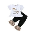 thumbnail image 1 of Seyurigaoka 2Pcs Newborn Girl Long Pants Outfits, Short Puff Sleeve Letter Printed Tops + Leopard Pattern Ruffles Decor Flare Pants, 1 of 9