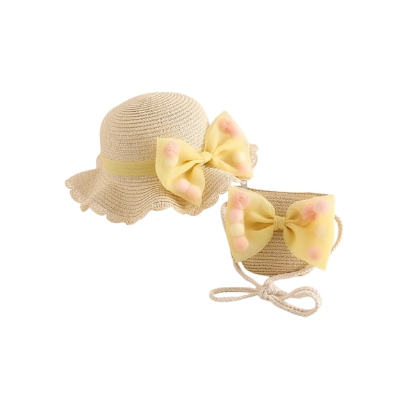 Seyurigaoka 2Pcs Toddler Girls Summer Visor Hats and Bags Set, Wide Brim Bowknot Straw Sun Hat with Cute Shoulder Bag