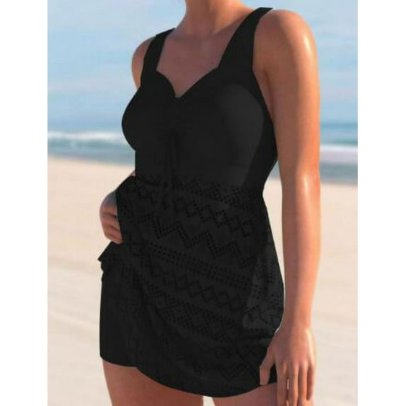 Seyurigaoka 2Pcs Women Summer Beach Swimsuit Set Solid Color Crochet Lace Cutout Sleeveless Push-up Tops + Bikini Bottom Swimwear