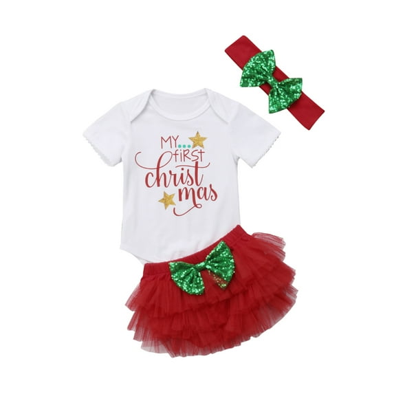 Seyurigaoka 3 Pcs Baby Girls Christmas Outfit Sets My First Christmas Print Short Sleeve Romper Tops + Red Layered Tulle Shorts + Bow Headband