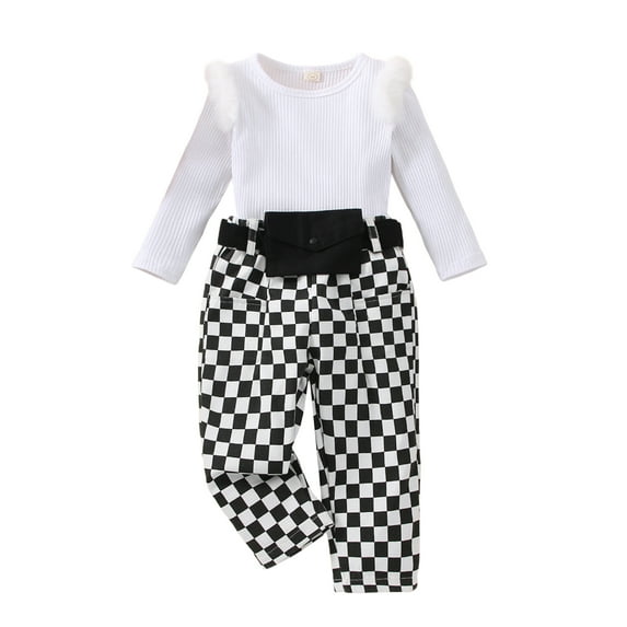 Seyurigaoka 3Pcs Baby Girls Autumn Fashion Outfits Sets Furry Patchwork Long Sleeve T-shirt + Long Pants + Waist Bag for 1-6Years Kids