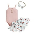 thumbnail image 1 of Seyurigaoka 3Pcs Baby Girls Summer Sets, Solid Color Romper + Fruit Print Skirt Hem Shorts + Headdress, 1 of 8