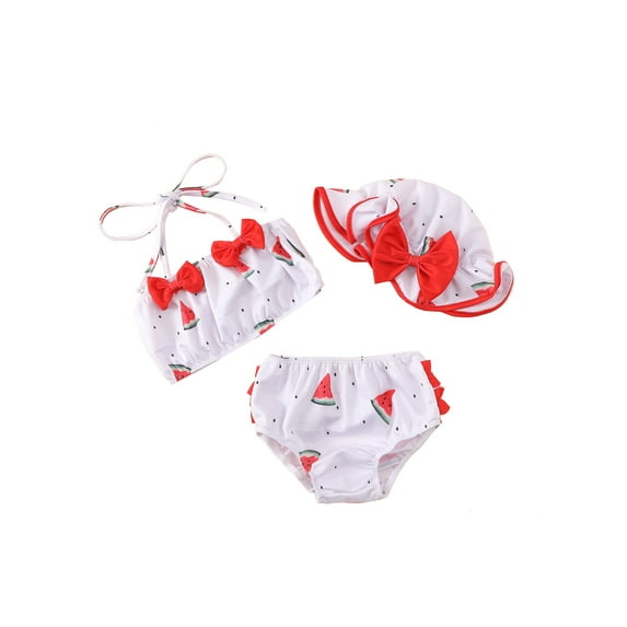 Seyurigaoka 3Pcs Baby Girls Swimwear, Printing Halterneck Tank Tops + Shorts + Ruffled Hat Swimsuit for Toddlers, 0-3 Years