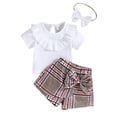 thumbnail image 1 of Seyurigaoka 3Pcs Newborn Girl Summer Outfits, Short Sleeve Solid Color Ruffles Tops + Bowknot Plaid Short Pants + Decorative Hairband, 1 of 9