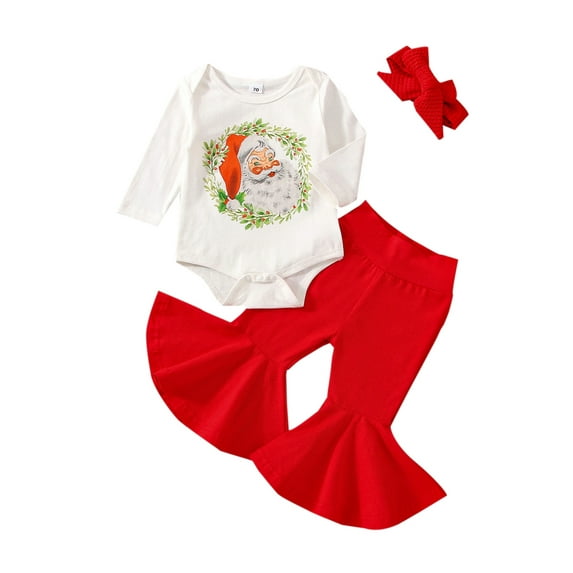 Seyurigaoka 3Pcs Toddler Baby Girl Sister Matching Clothes Long Sleeve Santa Pattern Romper Tops + Flare Pants + Bow Headband