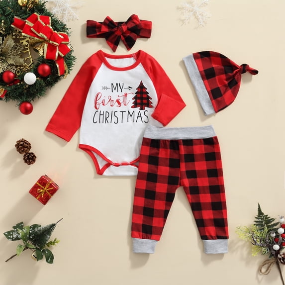 Seyurigaoka 4Pcs Christmas Baby Girls Boys Outfit, Long Sleeve Romper, Plaid Pants