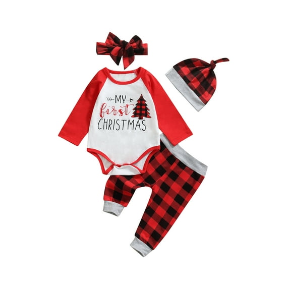 Seyurigaoka 4Pcs Christmas Baby Girls Boys Outfit, Long Sleeve Romper, Plaid Pants