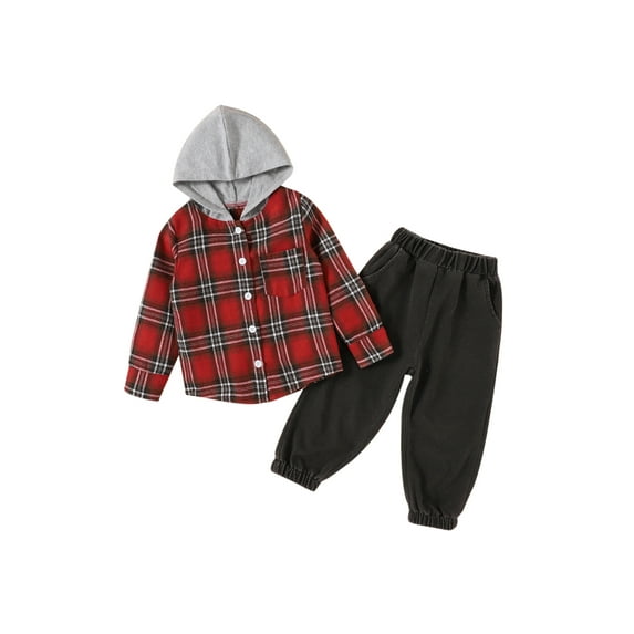 Seyurigaoka Baby Boys Girls Fashion Trouser Suit Long-sleeved Plaid Button Hooded Tops Trousers