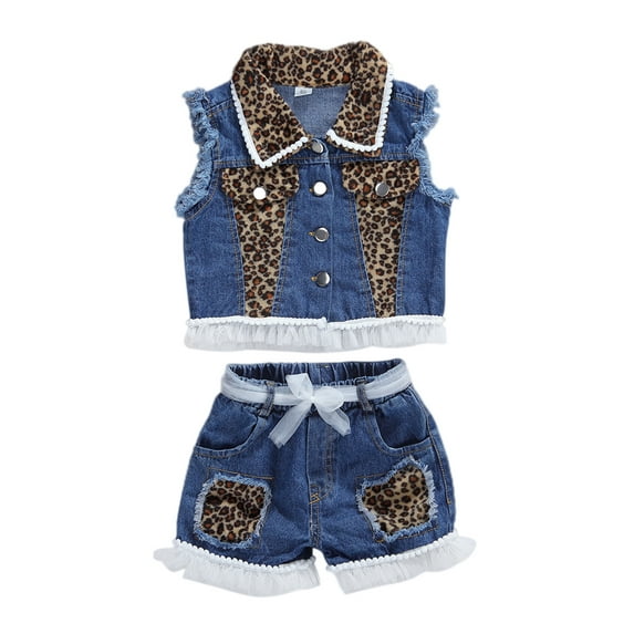 Seyurigaoka Baby Girl's Leopard Print Denim Top + Leopard Print Denim Shorts