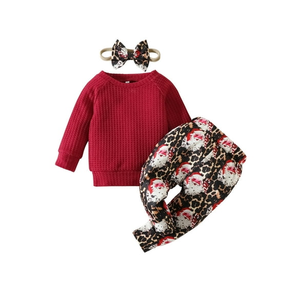 Seyurigaoka Baby Girls 3 Pieces Christmas Outfit Solid Color Waffle Long Sleeve Sweatshirts Tops + Santa Print Long Pants + Bow Headband Set