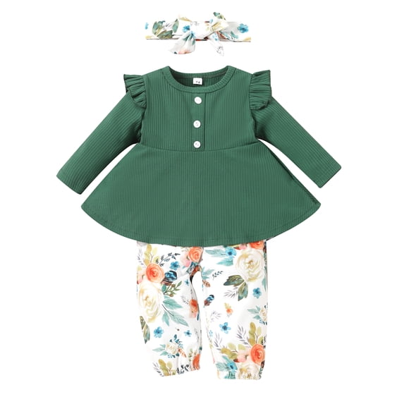 Seyurigaoka Baby Girls 3Pcs Outfits, Long Sleeve Button Front Rib Knit Tops+ Floral Pants+ Headband