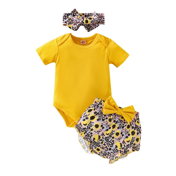 Seyurigaoka Baby Girls 3Pcs Summer Sweet Outfits, Short Sleeve Solid Color Romper + Floral Shorts + Headband Set