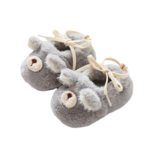 Seyurigaoka Baby Girls Boys Flat Shoes Soft Sole Non-slip Furry Bear Lacing Winter Warm Shoes for 0-24M Toddler Kids