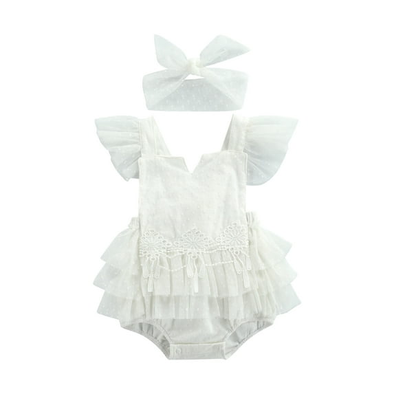 Seyurigaoka Baby Girls Outfit Lace Splicing Fly Sleeve Backless Romper Headwear