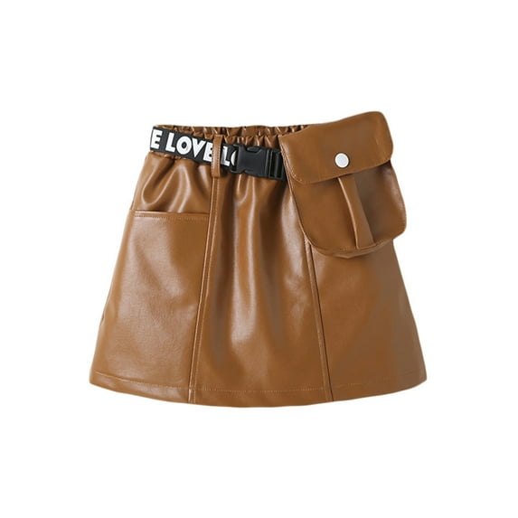 Seyurigaoka Baby Girls PU Leather Skirt Outfits Plain Color High Waisted Short Skirt + Letter Plastic Buckle Waist Belt with Bag