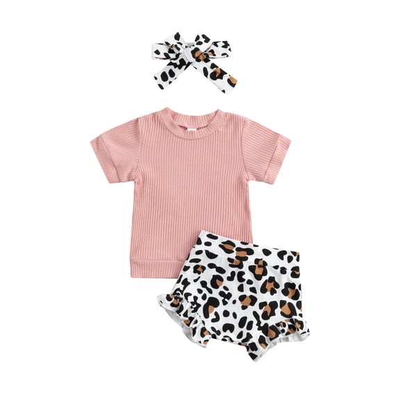 Seyurigaoka Baby Girls Shorts Set, Short Sleeve T-shirt with Elastic Waist Leopard Print Shorts Summer Casual Outfit