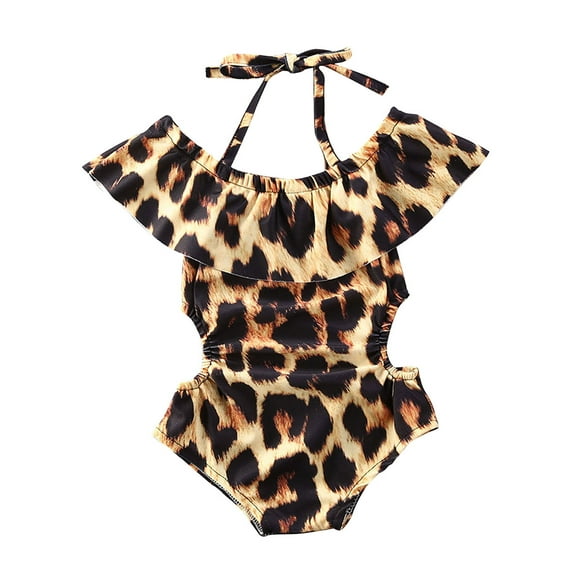 Seyurigaoka Baby Girls Sling Ruffled Swimwear, Leopard Lace Up One Piece Beachwear