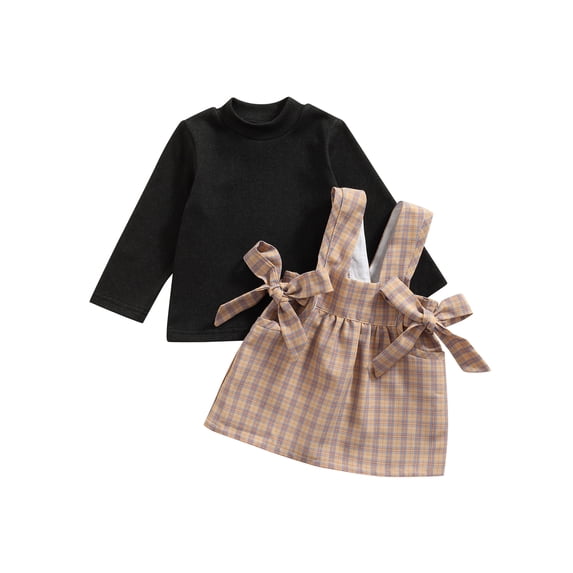 Seyurigaoka Baby Girls Solid Color Long Sleeve Pullover + Plaid Overalls with Pockets, Bows