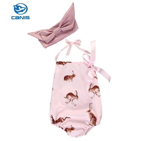 Seyurigaoka Baby Girls Summer Clothes Set Sleeveless Rabbit Print Romper+Headband