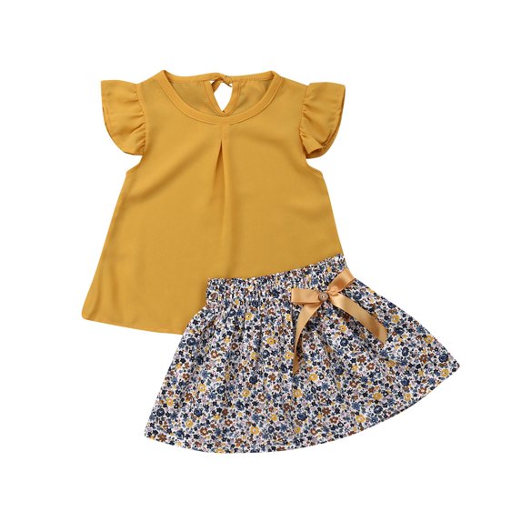 Seyurigaoka Baby Girls Summer Clothes Set Yellow Ruffle Chiffon Tops+Floral Skirt Outfits
