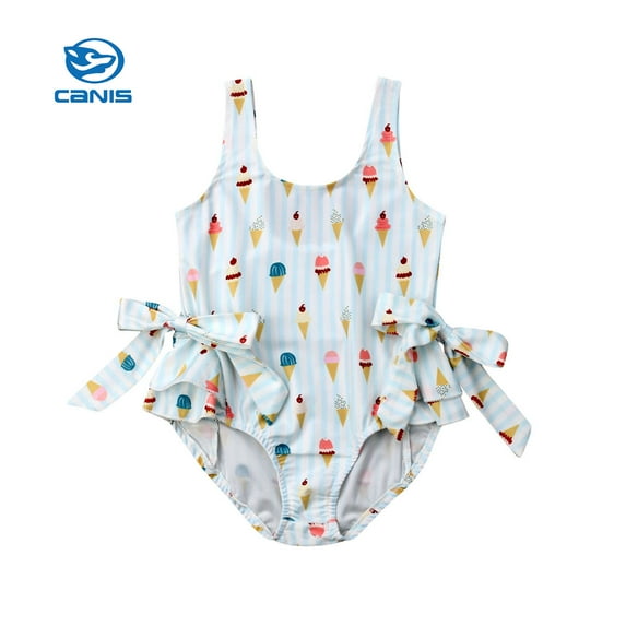 Seyurigaoka Baby Girls Summer Sleeveless Swimsuit Ice Cream Print Double Bow Ruffle Swimwear