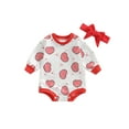 thumbnail image 1 of Seyurigaoka Baby Girls Valentine’s Day Bodysuits Outfits Long Sleeve Star Heart Print Romper Tops with Bowknot Headband Set, 1 of 8